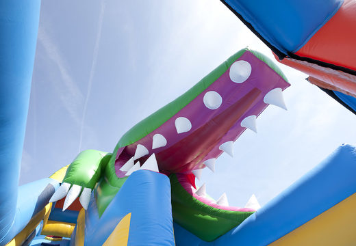 Multifunctional inflatable slide in crocodile theme with a splash pool, impressive 3D object, fresh colors and the 3D obstacles for kids. Order inflatable slides now online at JB Inflatables America