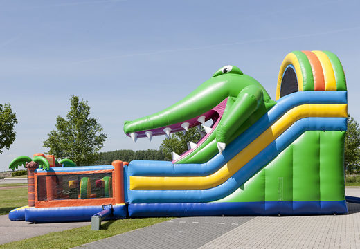Multiplay inflatable slide in a crocodile theme with a splash pool, impressive 3D object, fresh colors and the 3D obstacle for children. Order inflatable slides now online at JB Inflatables America