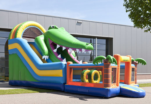 Buy a unique multifunctional crocodile-themed inflatable slide with a splash pool, impressive 3D object, fresh colors and the 3D obstacle for children. Order inflatable slides now online at JB Inflatables America