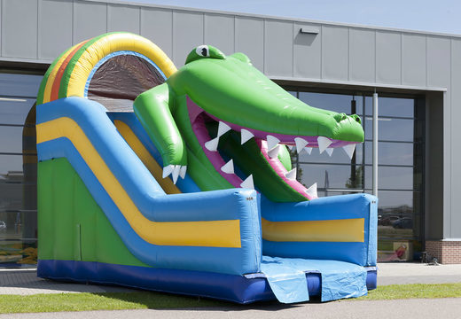 Impressive inflatable crocodile themed slide with a splash pool for kids. Buy inflatable slides now online at JB Inflatables America