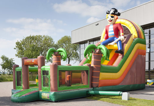 Unique pirate themed inflatable slide with a splash pool, impressive 3D object, fresh colors and the 3D obstacles for children. Order inflatable slides now online at JB Inflatables America