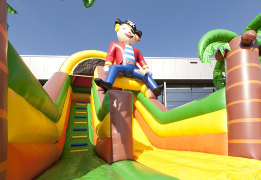 Pirate themed inflatable slide with a splash pool, impressive 3D object, fresh colors and the 3D obstacles for kids. Order inflatable slides now online at JB Inflatables America