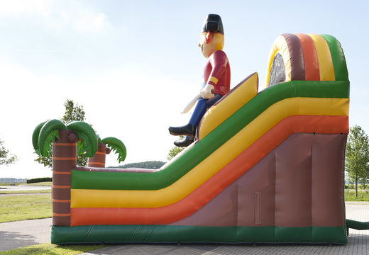 Unique multifunctional slide in a pirate theme with a splash pool, impressive 3D object, fresh colors and the 3D obstacles for children. Buy inflatable slides now online at JB Inflatables America