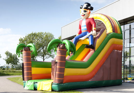 Multifunctional inflatable slide in pirate theme with a splash pool, impressive 3D object, fresh colors and the 3D obstacles for kids. Order inflatable slides now online at JB Inflatables America