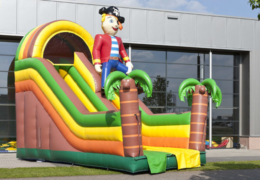 Inflatable multifunctional slide in a pirate theme with a splash pool, impressive 3D object, fresh colors and the 3D obstacles for kids. Buy inflatable slides now online at JB Inflatables America