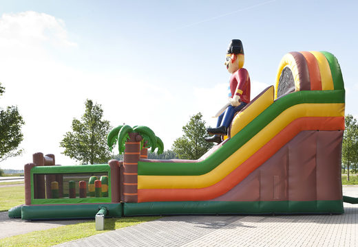 Pirate themed multifunctional inflatable slide with a splash pool, impressive 3D object, fresh colors and the 3D obstacles to buy for children. Order inflatable slides now online at JB Inflatables America