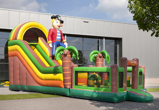 Multifunctional inflatable slide in a pirate theme with a splash pool, impressive 3D object, fresh colors and the 3D obstacles for children. Buy inflatable slides now online at JB Inflatables America