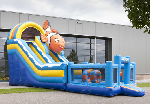 Inflatable multifunctional slide in clownfish theme with a splash pool, impressive 3D object, fresh colors and the 3D obstacles for children. Order inflatable slides now online at JB Inflatables America