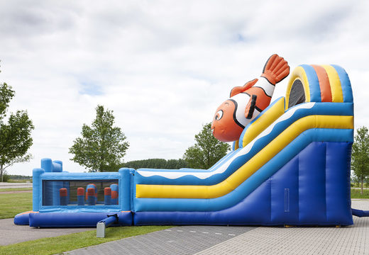 Order an inflatable multifunctional slide with a clownfish theme with a splash pool, impressive 3D object, fresh colors and the 3D obstacles for children. Buy inflatable slides now online at JB Inflatables America