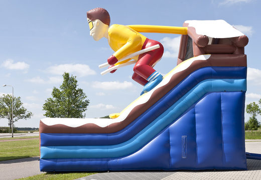 Skier themed multifunctional inflatable slide with a splash pool, impressive 3D object, fresh colors and the 3D obstacles for kids. Buy inflatable slides now online at JB Inflatables America