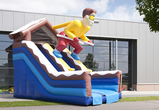 Order an inflatable multifunctional slide in the Ski theme with a splash pool, impressive 3D object, fresh colors and the 3D obstacles for children. Buy inflatable slides now online at JB Inflatables America