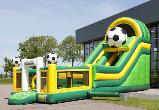 Unique inflatable slide in the football theme with a splash pool, impressive 3D object, fresh colors and the 3D obstacles for children. Order inflatable slides now online at JB Inflatables America