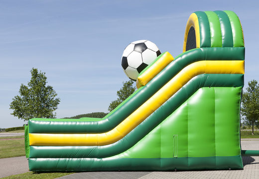 Unique multifunctional slide in football theme with a splash pool, impressive 3D object, fresh colors and the 3D obstacles for children. Buy inflatable slides now online at JB Inflatables America
