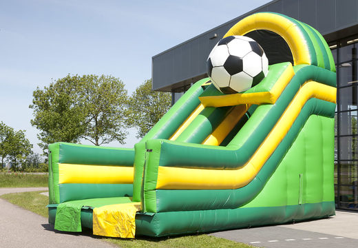 Multifunctional inflatable slide in the theme of football with a splash pool, impressive 3D object, fresh colors and the 3D obstacles for kids. Order inflatable slides now online at JB Inflatables America