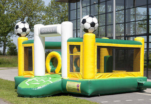 Order an inflatable multifunctional slide in the football theme with a splash pool, impressive 3D object, fresh colors and the 3D obstacles for kids. Buy inflatable slides now online at JB Inflatables America
