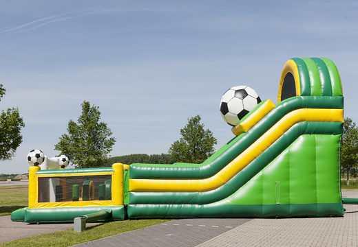 Inflatable multifunctional slide in football theme with a splash pool, impressive 3D object, fresh colors and the 3D obstacles for children. Order inflatable slides now online at JB Inflatables America