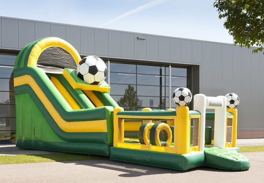 Multifunctional inflatable slide in football theme with a splash pool, impressive 3D object, fresh colors and the 3D obstacles for children. Buy inflatable slides now online at JB Inflatables America