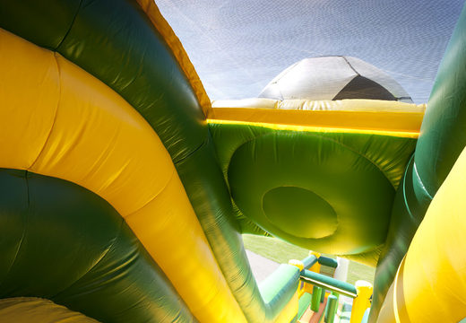 Inflatable slide in the theme of football with a splash pool, impressive 3D object, fresh colors and the 3D obstacle for children. Order inflatable slides now online at JB Inflatables America