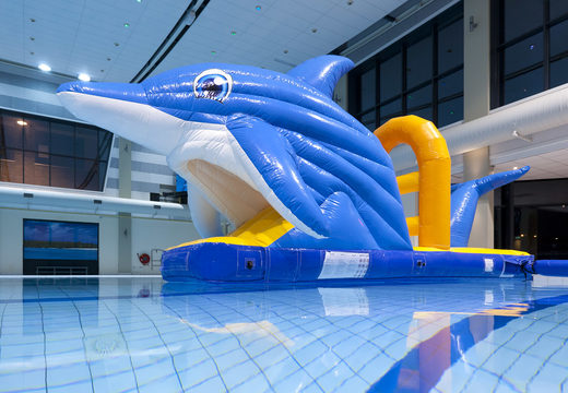 Buy an airtight inflatable pool slide in a dolphin theme for both young and old. Order inflatable water attractions now online at JB Inflatables America