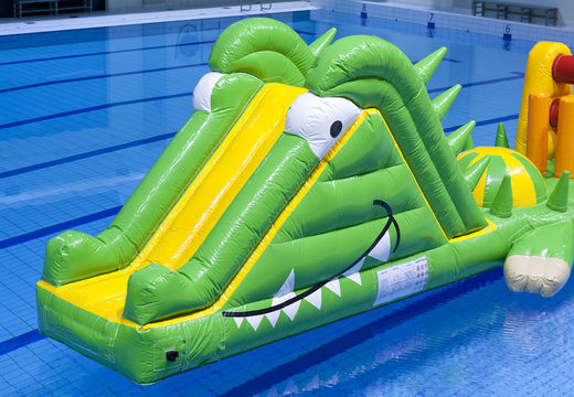 Crocodile run 12 meter long swimming pool with challenging obstacle objects for both young and old. Order inflatable pool games now online at JB Inflatables America
