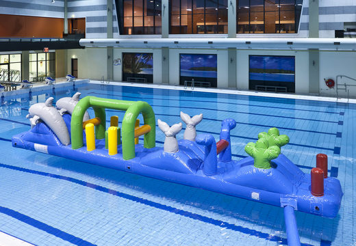 Buy dolphin themed airtight swimming pool run with challenging obstacle objects for kids. Order inflatable obstacle courses online now at JB Inflatables America