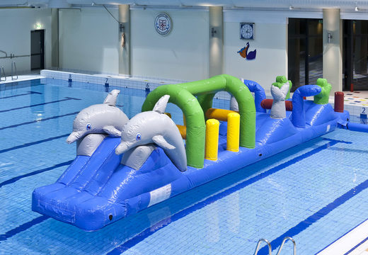 Cool dolphin themed pool run with challenging obstacle objects for both young and old. Order inflatable pool games now online at JB Inflatables America