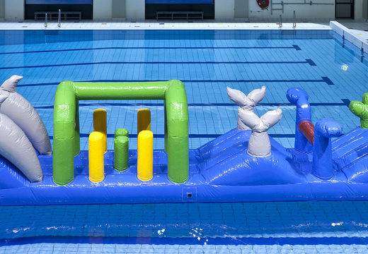 Order unique inflatable swimming pool run in dolphin theme with challenging obstacle objects for both young and old. Buy inflatable water attractions online now at JB Inflatables America