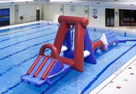 Order double inflatable Water obstacle run pool obstacle course with two climbing walls, a balancing object, a swing tower and a slide for kids. Buy inflatable obstacle courses online now at JB Inflatables America