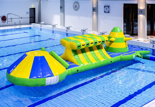Buy inflatable adventure run green/blue 10m swimming pool with challenging obstacle objects and round slide for both young and old. Buy inflatable pool games now online at JB Inflatables America