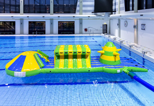 Unique inflatable adventure run green/blue 10m swimming pool with challenging obstacle objects and round slide for both young and old. Buy inflatable water attractions online now at JB Inflatables America