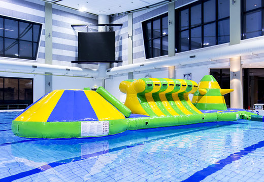 Adventure run green/blue 10m inflatable swimming pool with challenging obstacle objects and round slide for both young and old. Order inflatable pool games now online at JB Inflatables America