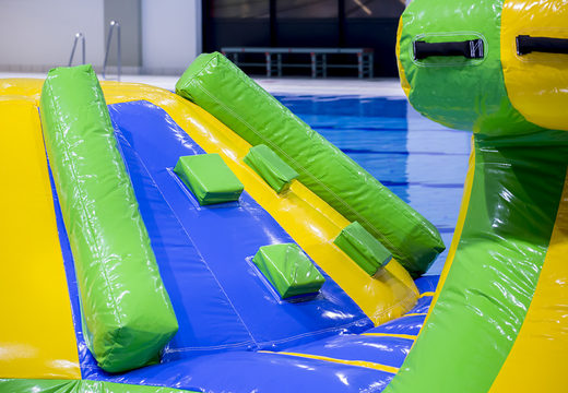 Slide swimming pool adventure run green/blue 10m with challenging obstacle objects and round slide for both young and old. Buy inflatable water attractions online now at JB Inflatables America