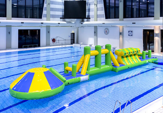 Order swimming pool adventure run green/blue 16m with challenging obstacle objects and round slide for both young and old. Buy inflatable water attractions online now at JB Inflatables America