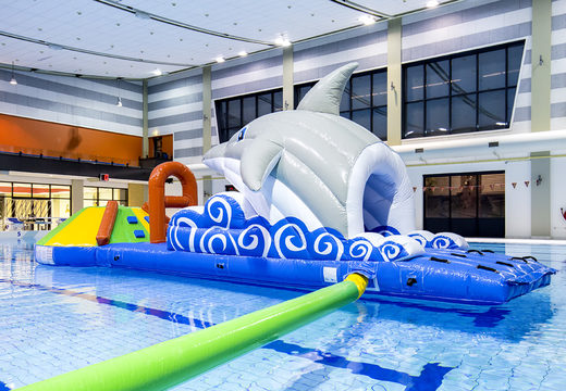 Buy a dolphin themed inflatable slide for both young and old. Order inflatable water attractions now online at JB Inflatables America