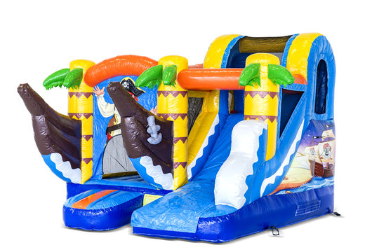 Buy a small indoor inflatable multiplay bouncy castle in pirate theme with slide  for kids. Order inflatable bouncy castles online at JB Inflatables America