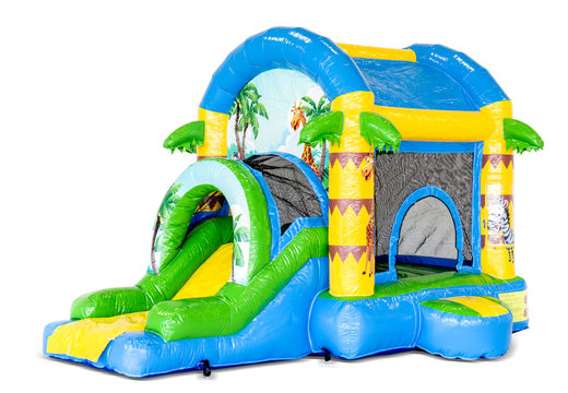 Buy a large indoor inflatable bouncy castle in the theme of jungle fun with a slide for children. Order inflatable bouncy castles online at JB Inflatables America
