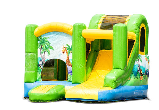 Buy a small indoor inflatable multiplay bounce house with slide in a jungle theme for kids. Order inflatable bounce houses online at JB Inflatables America