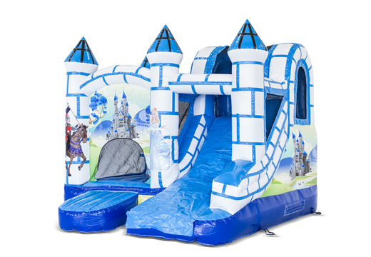 Order small indoor inflatable multiplay bounce house in theme blue and white castle with slide for children. Buy inflatable bounce houses online at JB Inflatables America