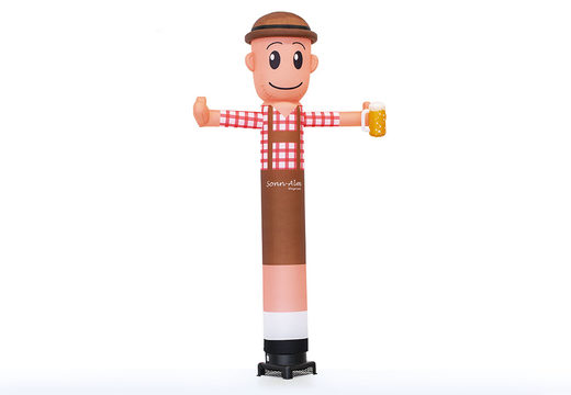Personalized Sonn Alm lederhosen waving skyman with a beer in hand skydancers & skytubes made at JB Promotions America. Promotional Inflatable Tubes made in all shapes and sizes at JB Inflatables America