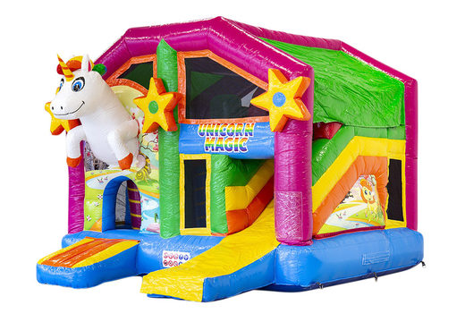 Buy an inflatable indoor multiplay bouncy castle with slide in the theme unicorn for children. Order inflatable bouncy castles online at JB Inflatables America
