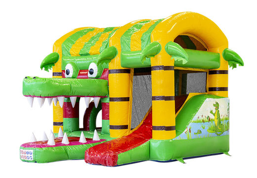 Buy a small indoor inflatable multiplay bounce house in a crocodile theme for children. Order inflatable bounce houses online at JB Inflatables America
