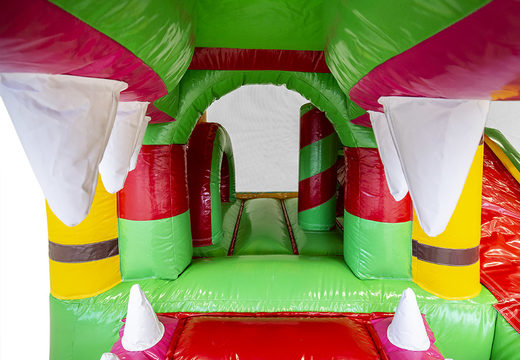 Mini inflatable multiplay bounce house in crocodile theme with slide for children. Order inflatable bounce houses online at JB Inflatables America