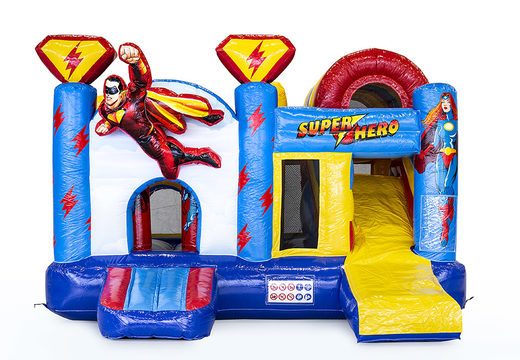 Order multiplay bounce house in superhero theme with slide for children. Buy inflatable bounce houses online at JB Inflatables America