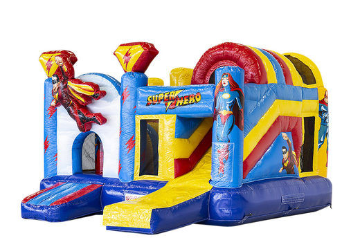 Buy inflatable multiplay bounce house in superhero theme with slide for children. Order inflatable bounce houses online at JB Inflatables America