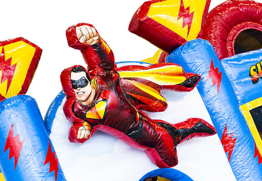 Buy superhero themed medium inflatable multiplay bounce house with slide for kids. Order inflatable bounce houses online at JB Inflatables America