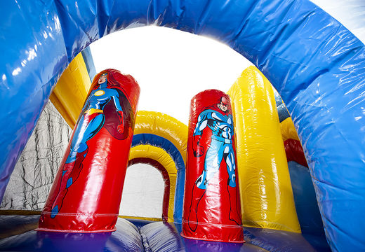 Buy a superhero themed bouncer with a slide for children. Order inflatable bouncers online at JB Inflatables America