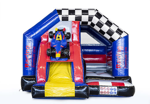 Inflatable slide combo bouncy castle in theme formula 1 for sale for children. Order now inflatable bouncy castles with slide at JB Inflatables America