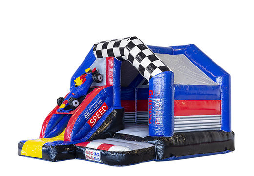 Buy a small indoor inflatable multiplay bounce house with slide in theme formula 1 for children. Order inflatable bounce houses with slide at JB Inflatables America