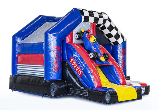 Order inflatable slide combo bounce house for children in formula 1 theme. Inflatable bounce houses with slide for sale at JB Inflatables America