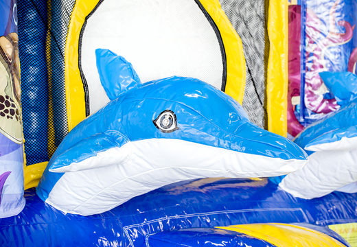 Buy mini inflatable multiplay dolphin themed bounce house with slide for kids. Order inflatable bounce houses online at JB Inflatables America